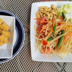 Papaya salad with a side of fried tofu, yum!
