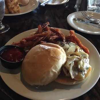 Steer - Blue cheese, chicken burger with yummy sweet potato fries. Fries were addicting! - Bars Near Me - Buffalo, New York