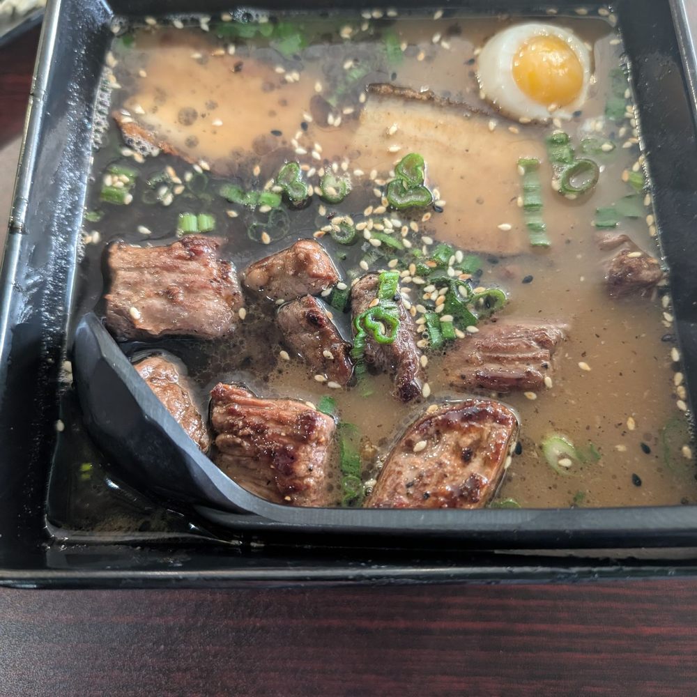 Hiratori - Steak and pork belly ramen, with black bean tonkatsu broth - Teppanyaki Near Me - Parker, Colorado Hiratori - Steak and pork belly ramen, with black bean tonkatsu broth - Teppanyaki Near Me - Parker, Colorado