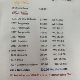 Tasting and available wine menu from May 2021.