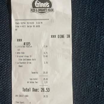 Gino's Pizza & Spaghetti House - Receipt - Italian Near Me - Quincy, West Virginia Gino's Pizza & Spaghetti House - Receipt - Italian Near Me - Quincy, West Virginia