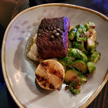 The Lola - Blackened Salmon on Riced Cauliflower with Brussel Sprouts - Cocktail Bars Near Me - Glendale, Arizona