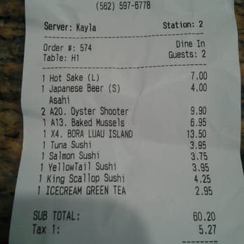 Sapporo Sushi - Receipt for 2 - Japanese Near Me - Long Beach, California