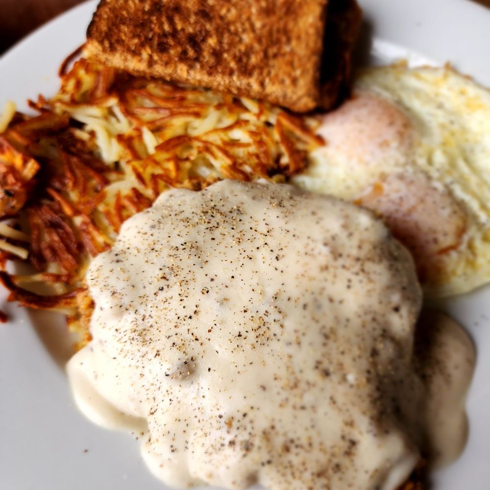 Chicken fried steak and eggs Chicken fried steak and eggs