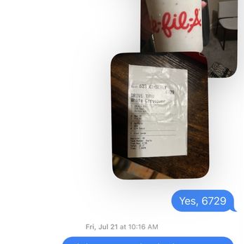 Chick-fil-A - ows a text message from a customer - Fast Food Near Me - Southaven, Mississippi
