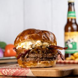 Georgie Porgie's Treefort Restaurant - Beer cheese and bacon burger on a locally-baked pretzel bun