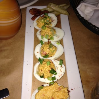 Wisteria - Pimento Cheese Deviled Eggs - with pickled okra and spiced pecans. We picked the plate clean. - New American Near Me - Atlanta, Georgia Wisteria - Pimento Cheese Deviled Eggs - with pickled okra and spiced pecans. We picked the plate clean. - New American Near Me - Atlanta, Georgia