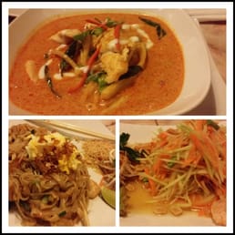The papaya salad is delicious! Phai Thai was a generous portion and red curry was aromatic. The papaya salad is delicious! Phai Thai was a generous portion and red curry was aromatic.