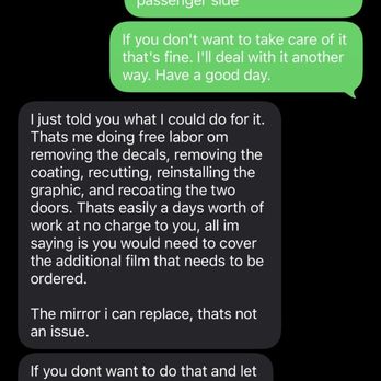 WrapSesh - Texts from the wrapper telling me they wont fix there mistake after paying 5 k for a wrap yesterday unless I pay for material. - Vehicle Wraps Near Me - Gilbert, Arizona WrapSesh - Texts from the wrapper telling me they wont fix there mistake after paying 5 k for a wrap yesterday unless I pay for material. - Vehicle Wraps Near Me - Gilbert, Arizona