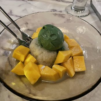 Ka Thai - Mango Sticky Rice with Green Tea Ice Cream - Thai Near Me - Dallas, Texas Ka Thai - Mango Sticky Rice with Green Tea Ice Cream - Thai Near Me - Dallas, Texas