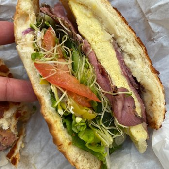 Bagel Street Cafe - Remade Pastrami sandwich with egg. This isn't the one that had the mound of sprouts. - Bagels Near Me - Dublin, California Bagel Street Cafe - Remade Pastrami sandwich with egg. This isn't the one that had the mound of sprouts. - Bagels Near Me - Dublin, California