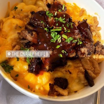 The Gnarly Heifer - "Moo Mac" - Macaroni and cheese topped with brisket - Hot Dogs Near Me - Whitehall, Michigan The Gnarly Heifer - "Moo Mac" - Macaroni and cheese topped with brisket - Hot Dogs Near Me - Whitehall, Michigan