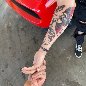 Elm Street Tattoo - Based on my Puerto Rican taina tattoo Patrick came up with the bat idea (Bacardi bat). He hand drew that bat as well. - Tattoo Near Me - Dallas, Texas
