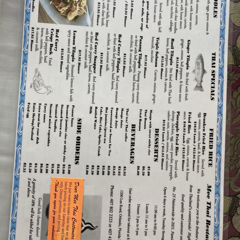 Mee Thai Restaurant - Menu - Thai Near Me - Orlando, Florida