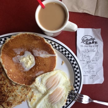 Fantastic Cafe - Combo #2. 2eggs, hash browns, comes with toast but I substituted for pancake. Comes with free coffee. $4.42 - Diners Near Me - Norco, California
