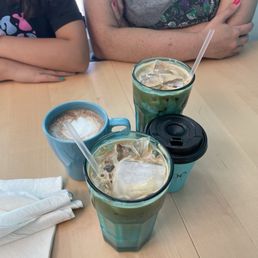 Coffee, hot chocolate, and chocolate milk.