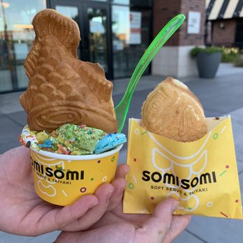 Somisomi - Upside down ah-boong. Matcha and milk swirl topped with a custard taiyaki. And an additional custard taiyaki during opening weekend. - Ice Cream & Frozen Yogurt Near Me - Pleasanton, California Somisomi - Upside down ah-boong. Matcha and milk swirl topped with a custard taiyaki. And an additional custard taiyaki during opening weekend. - Ice Cream & Frozen Yogurt Near Me - Pleasanton, California