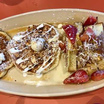 Snooze, an A.M. Eatery - Left to right: The Sweet Potato Pancake, pancake of the day = Cinnamon Toast Crunch Cereal Pancake, OMG French Toast - Breakfast & Brunch Near Me - Addison, Texas