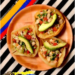 Mi Tierra Restaurante - Tostadas Camarones / Ceviche: Flat or bowl-shaped (like a bread bowl) tortilla that is deep fried or toasted topped with shrimp or cevich