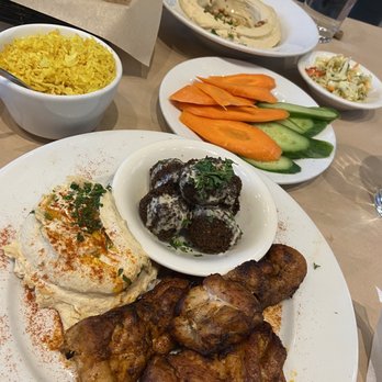 Oren's Hummus - Chicken skewers with a side of falafel and hummus. Extra rice on the side. - Mediterranean Near Me - Cupertino, California
