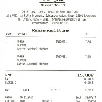 CHRIST - Der Kassenbeleg, Nachweis über meine Zahlung und indirekt Gegenstand meines Textes zu dem von mir bewerteten Unternehmen. - Jewelry Near Me - Braunschweig, NI CHRIST - Der Kassenbeleg, Nachweis über meine Zahlung und indirekt Gegenstand meines Textes zu dem von mir bewerteten Unternehmen. - Jewelry Near Me - Braunschweig, NI