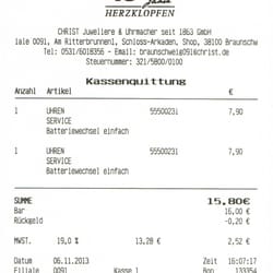 CHRIST - Der Kassenbeleg, Nachweis über meine Zahlung und indirekt Gegenstand meines Textes zu dem von mir bewerteten Unternehmen.