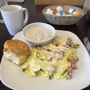 Cornerstone - Ham and Brie scrambled with a biscuit and gravy - American Near Me - Asheville, North Carolina