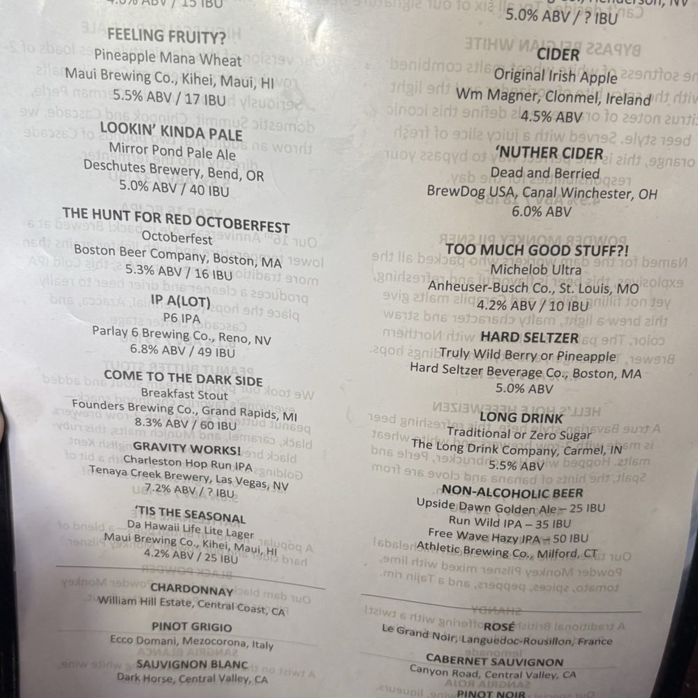 Wine and Beer menu