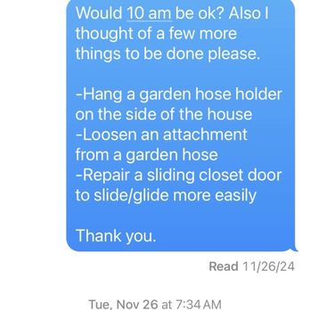 Pino Handyman - Screen shots of text messages of appointment scheduling which business denied scheduling by text - Handyman Near Me Pino Handyman - Screen shots of text messages of appointment scheduling which business denied scheduling by text - Handyman Near Me