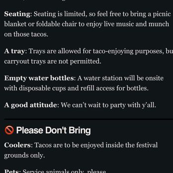 Texas Monthly Taco Fest - What you can and can't bring - Festivals Near Me - Houston, Texas Texas Monthly Taco Fest - What you can and can't bring - Festivals Near Me - Houston, Texas