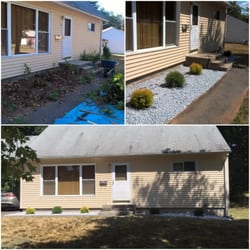 Cjay's Landscaping - Top Left: Before... Top Right: After.... Bottom: Bush Removal & Installation, Rock Installed and Spread, Edging.