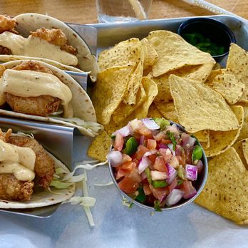 Blue Water Grill - Shrimp Po Boy tacos with chips - Seafood Near Me - Skaneateles, New York Blue Water Grill - Shrimp Po Boy tacos with chips - Seafood Near Me - Skaneateles, New York
