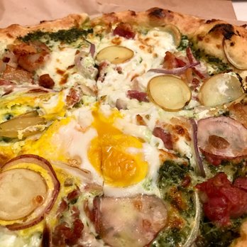 Frontager's Pizza - Cracked egg, potato, smoked bacon, mozzarella, parmesan, red onions - Pizza Near Me - Pacific Beach, Washington