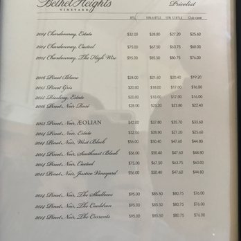 Bethel Heights Vineyard - August 2017 wine prices - Wine Tasting Room Near Me - Salem, Oregon