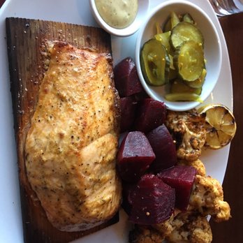 Seasons 52 - Cedar plank salmon with warm beets and almonds, roasted cauliflower, and house made pickles - New American Near Me - Raleigh, North Carolina Seasons 52 - Cedar plank salmon with warm beets and almonds, roasted cauliflower, and house made pickles - New American Near Me - Raleigh, North Carolina