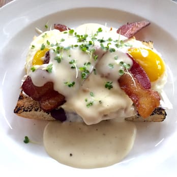 Gather - Focaccia Croque with Bacon ($14) - sauce mornay dripping down the side! - New American Near Me - Berkeley, California