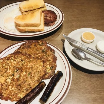 Chace's Pancake Corral - Potato pancakes with sausage & 2 eggs, corn beef and bread - American Near Me - Bellevue, Washington Chace's Pancake Corral - Potato pancakes with sausage & 2 eggs, corn beef and bread - American Near Me - Bellevue, Washington