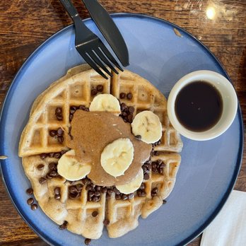 Defying Gravitea - Waffle with bananas, almond butter and mini chips - Desserts Near Me - Pequannock Township, New Jersey Defying Gravitea - Waffle with bananas, almond butter and mini chips - Desserts Near Me - Pequannock Township, New Jersey