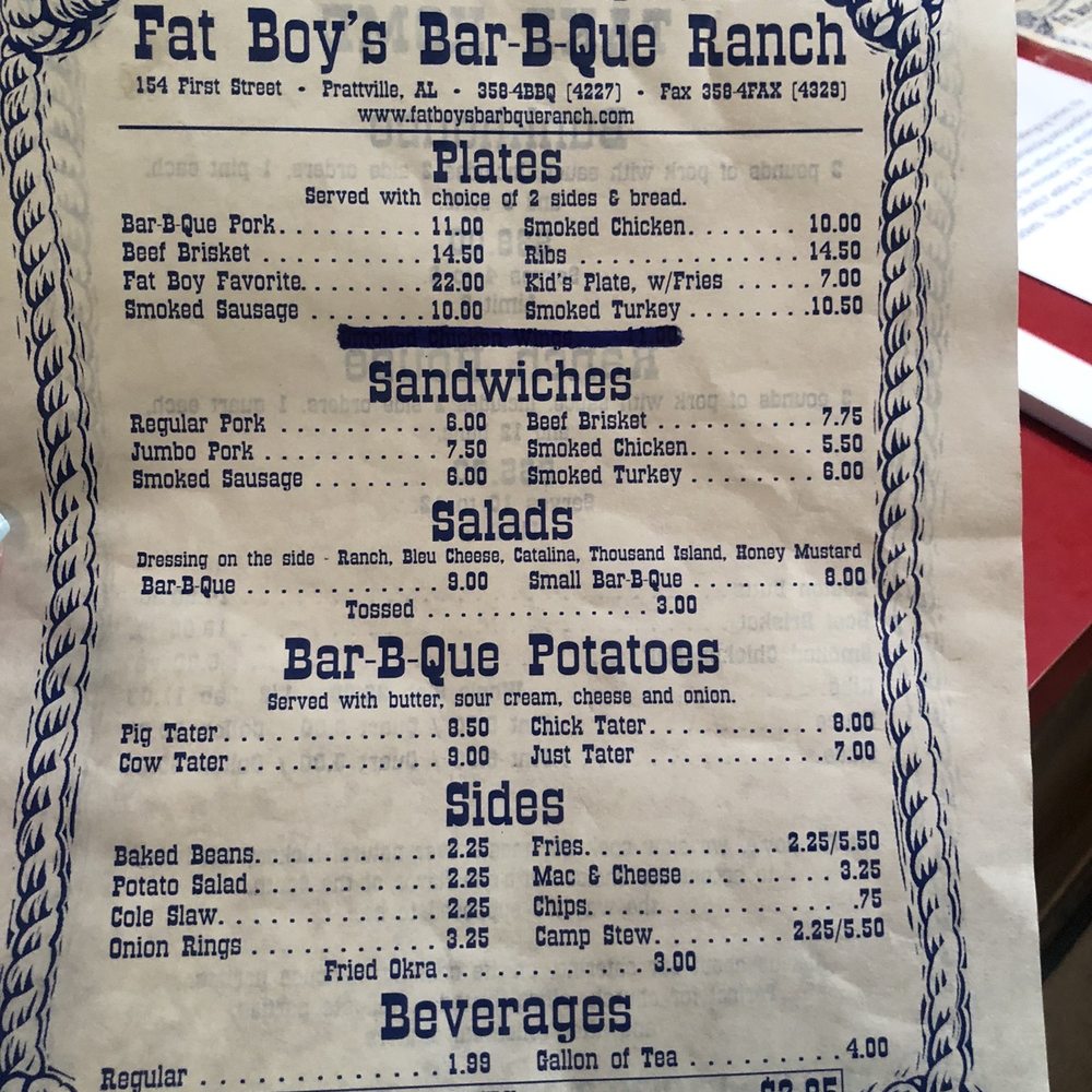 Fat Boy's Bar-B-Que Ranch - ows menu - Barbeque Near Me - Prattville, Alabama