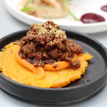 Owamni - Elk Choginyapi Corn Sandwich ($17) - elk, sweet potato, pepita. Not my favorite: quite heavy - New American Near Me - Minneapolis, Minnesota