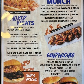Buds Smokehouse BBQ - Menu of smoked meats and sandwiches in September 2026 - Barbeque Near Me - Trafford, Pennsylvania