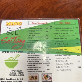 Soc Trang Restaurant - Front of the menu. Closed Tuesday and only open until 5! - Vietnamese Near Me - Westminster, California Soc Trang Restaurant - Front of the menu. Closed Tuesday and only open until 5! - Vietnamese Near Me - Westminster, California