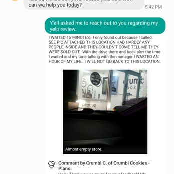 Crumbl - Plano - I called the number Crumbl left on my 1st review. Here is the 1rst screenshot of text correspondence. - Bakeries Near Me - Plano, Texas