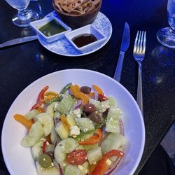My Father's Place - Traditional Greek Salad (no lettuce) & cracker- noodles with 2 dips