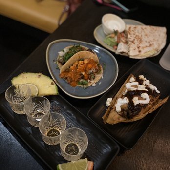 The Battleground - Anejo Tequila Flight, Asada Taco, Al Pastor Taco Quesadillas (chorizo), & Tamales. - Mexican Near Me - Kent, Ohio