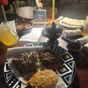 Eatopia Eatery - Tsega wot, kitfo (well done), shiro, and tej honey wine - Ethiopian Near Me - Washington, DC, District of Columbia
