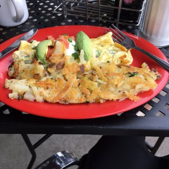 The Potholder Cafe - Spinach, green onion, & tomato Omelette topped with sour cream & avocado & a side of potatoes! :) - Breakfast & Brunch Near Me - Long Beach, California The Potholder Cafe - Spinach, green onion, & tomato Omelette topped with sour cream & avocado & a side of potatoes! :) - Breakfast & Brunch Near Me - Long Beach, California