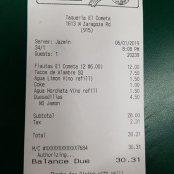 Taqueria El Cometa - The check for 3 people at dinner - Mexican Near Me - El Paso, Texas Taqueria El Cometa - The check for 3 people at dinner - Mexican Near Me - El Paso, Texas