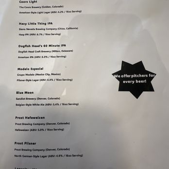 LOB - Beer menu - A printed beer list from Lob in Denver, Colorado, featuring craft beers like Coors Light, Hazy Little Thing IPA, and Blue Moon, with details on alcohol content and brewery. - Bocce Ball Near Me - Denver, Colorado