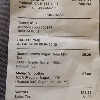 Mr Sun Tea - Photo show receipt of what was ordered. - Juice Bars & Smoothies Near Me - Fremont, California Mr Sun Tea - Photo show receipt of what was ordered. - Juice Bars & Smoothies Near Me - Fremont, California